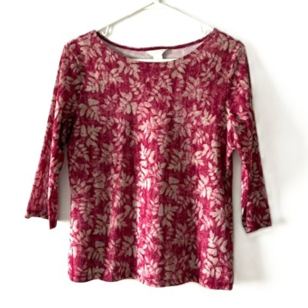 Christopher & Banks Red Shirt with Tan Leaf Pattern - Fully Lined, 3/4 Sleeves